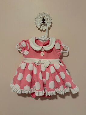 Disney Baby Pink and White Polka Dot Mini Mouse Onesie with Skirt with Front Bow